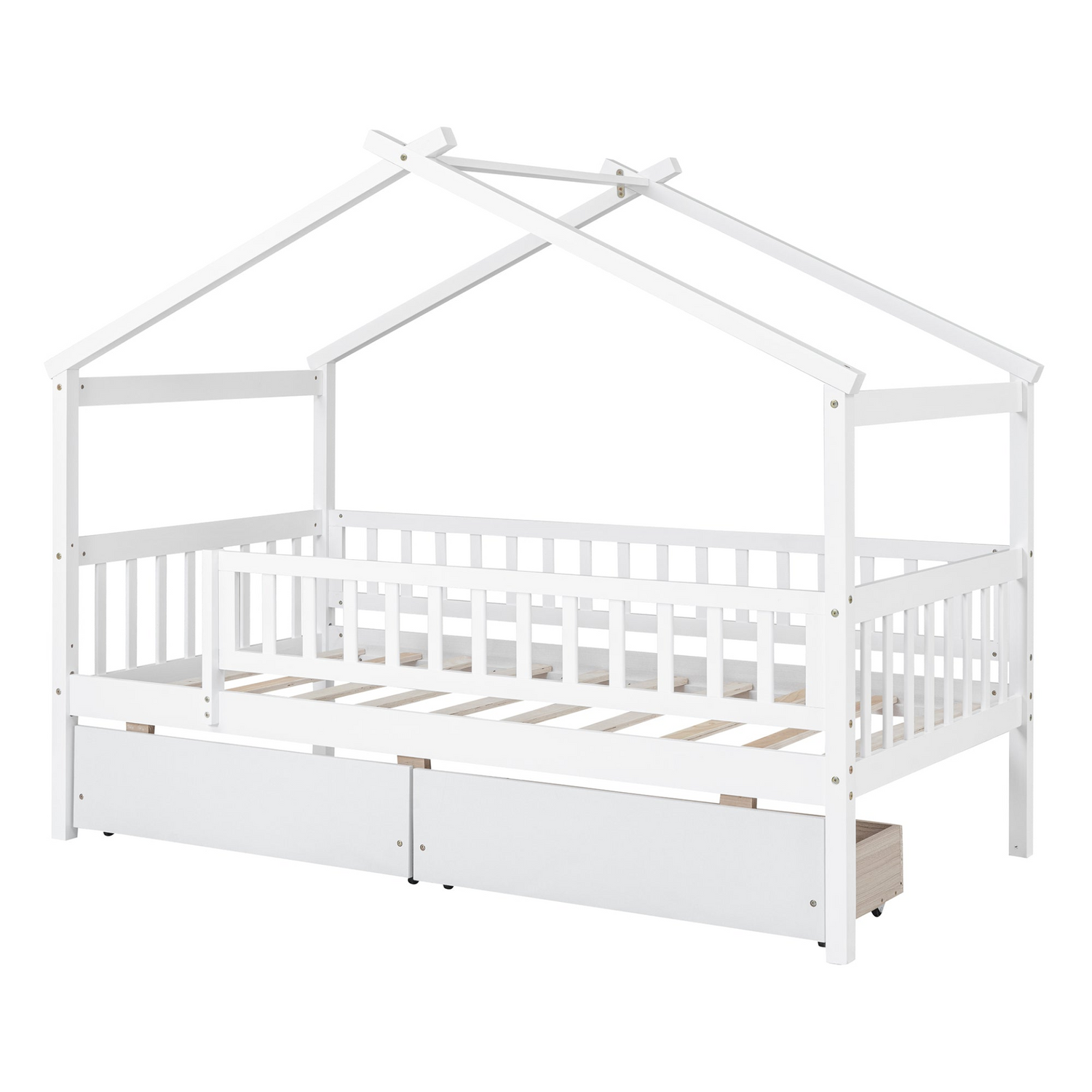 Twin size house bed frame by Start2Finish with wood construction and two storage drawers, ideal for bedroom or guest room.