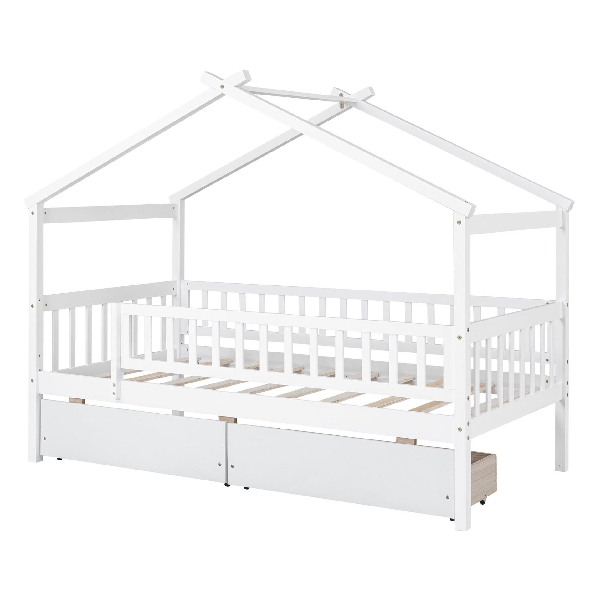 Twin size house bed frame by Start2Finish with wood construction and two storage drawers, ideal for bedroom or guest room.