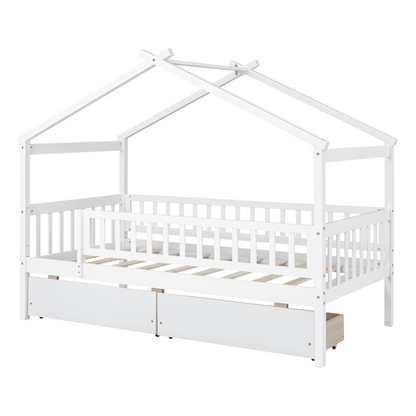 Twin size house bed frame by Start2Finish with wood construction and two storage drawers, ideal for bedroom or guest room.