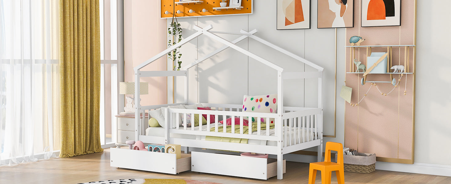 Twin size wood house bed frame with two storage drawers, ideal for bedroom or guest room, by Start2Finish.