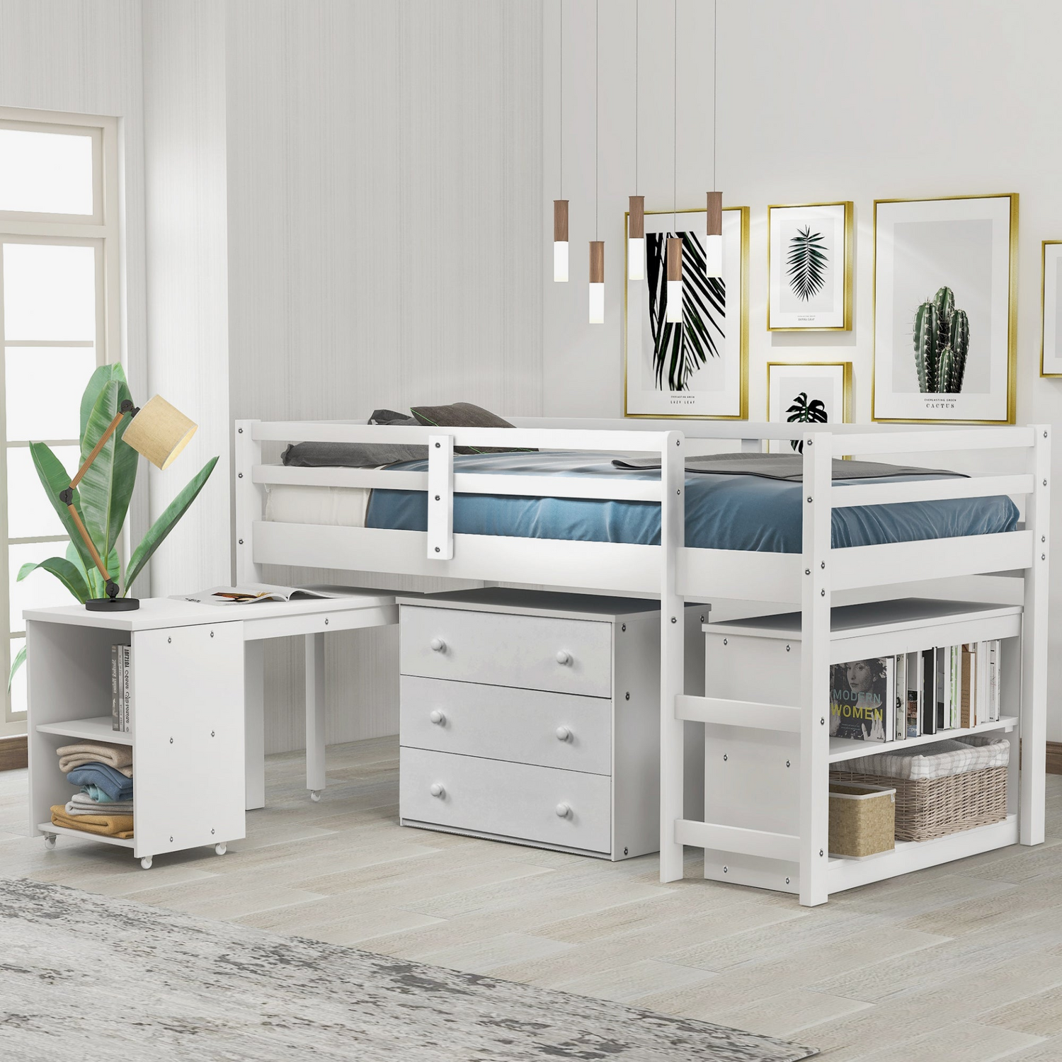 Twin size low loft bed by Start2Finish with solid wood frame, built-in cabinets, and rolling desk for bedroom or study space.