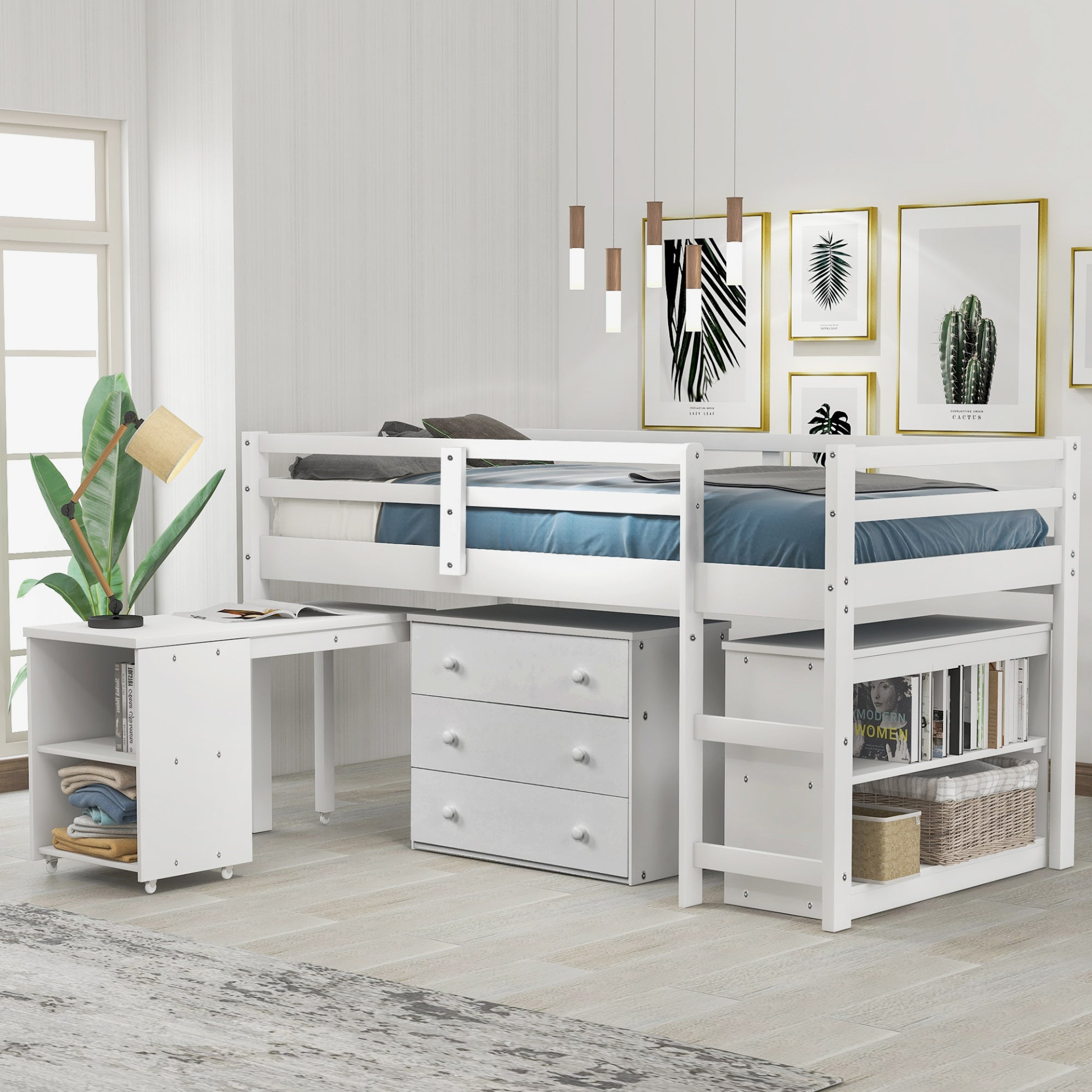 Twin size low loft bed by Start2Finish with solid wood frame, built-in cabinets, and rolling desk for bedroom or study space.