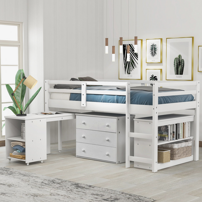 Twin size low loft bed by Start2Finish with solid wood frame, built-in cabinets, and rolling desk for bedroom or study space.