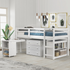 Twin size low loft bed by Start2Finish with solid wood frame, built-in cabinets, and rolling desk for bedroom or study space.