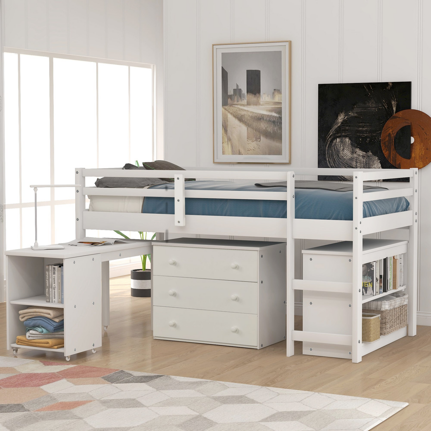 Twin size low loft bed by Start2Finish with solid wood frame, built-in cabinets, and rolling desk for bedroom or study space.