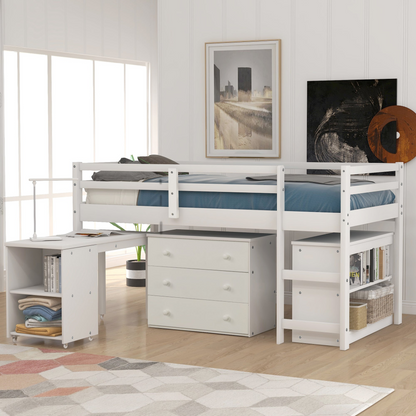Twin size low loft bed by Start2Finish with solid wood frame, built-in cabinets, and rolling desk for bedroom or study space.