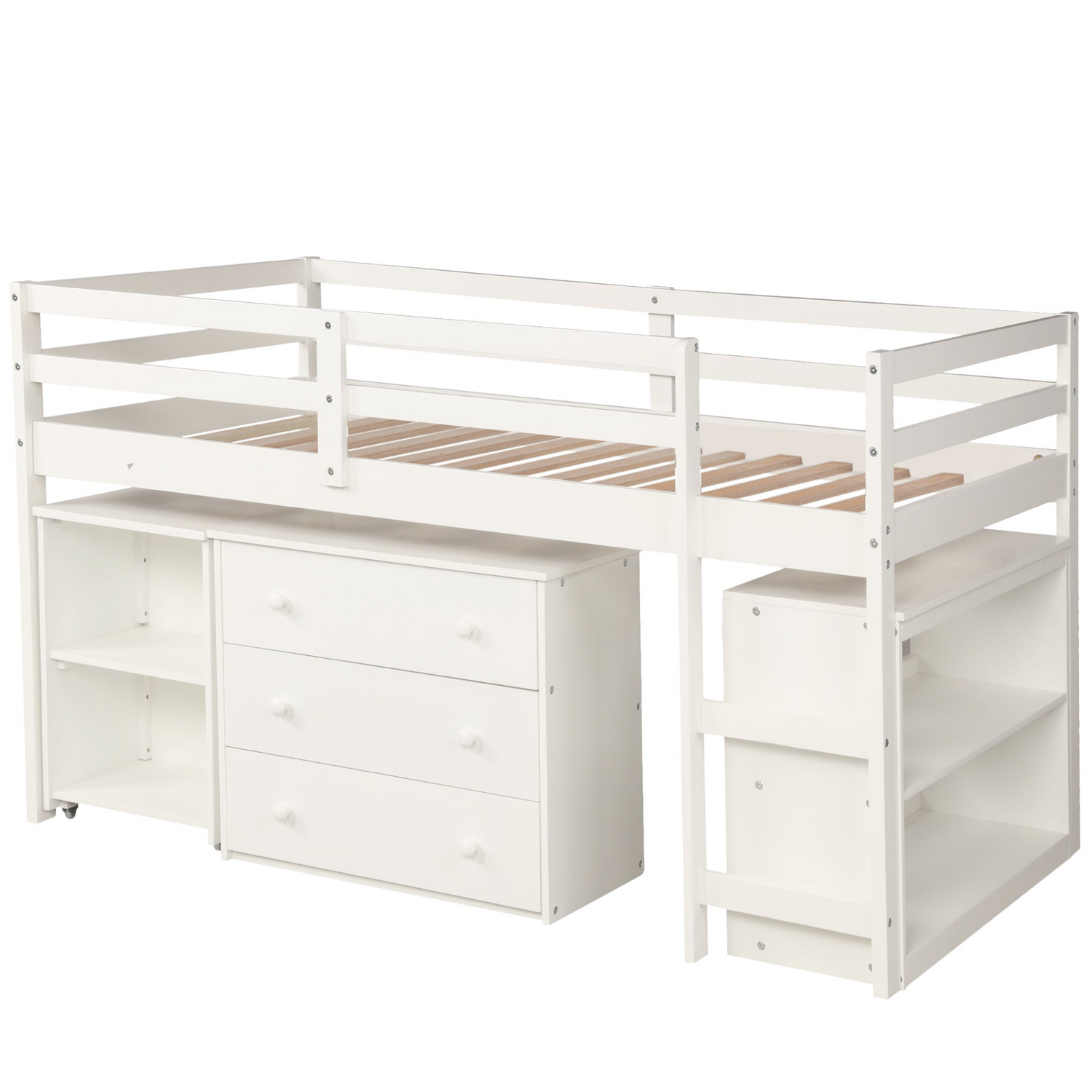 Twin size low loft bed by Start2Finish with solid wood frame, built-in cabinets, and rolling desk for bedroom or study space.