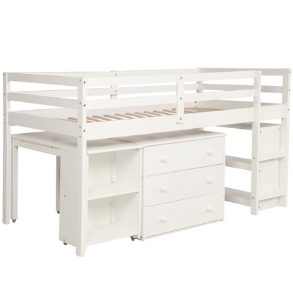 Twin size low loft bed by Start2Finish with solid wood frame, built-in cabinets, and rolling desk for bedroom or study space.