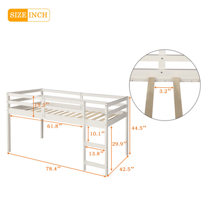 Twin size solid wood low loft bed by Start2Finish with built-in cabinets and rolling desk for bedroom or study space.