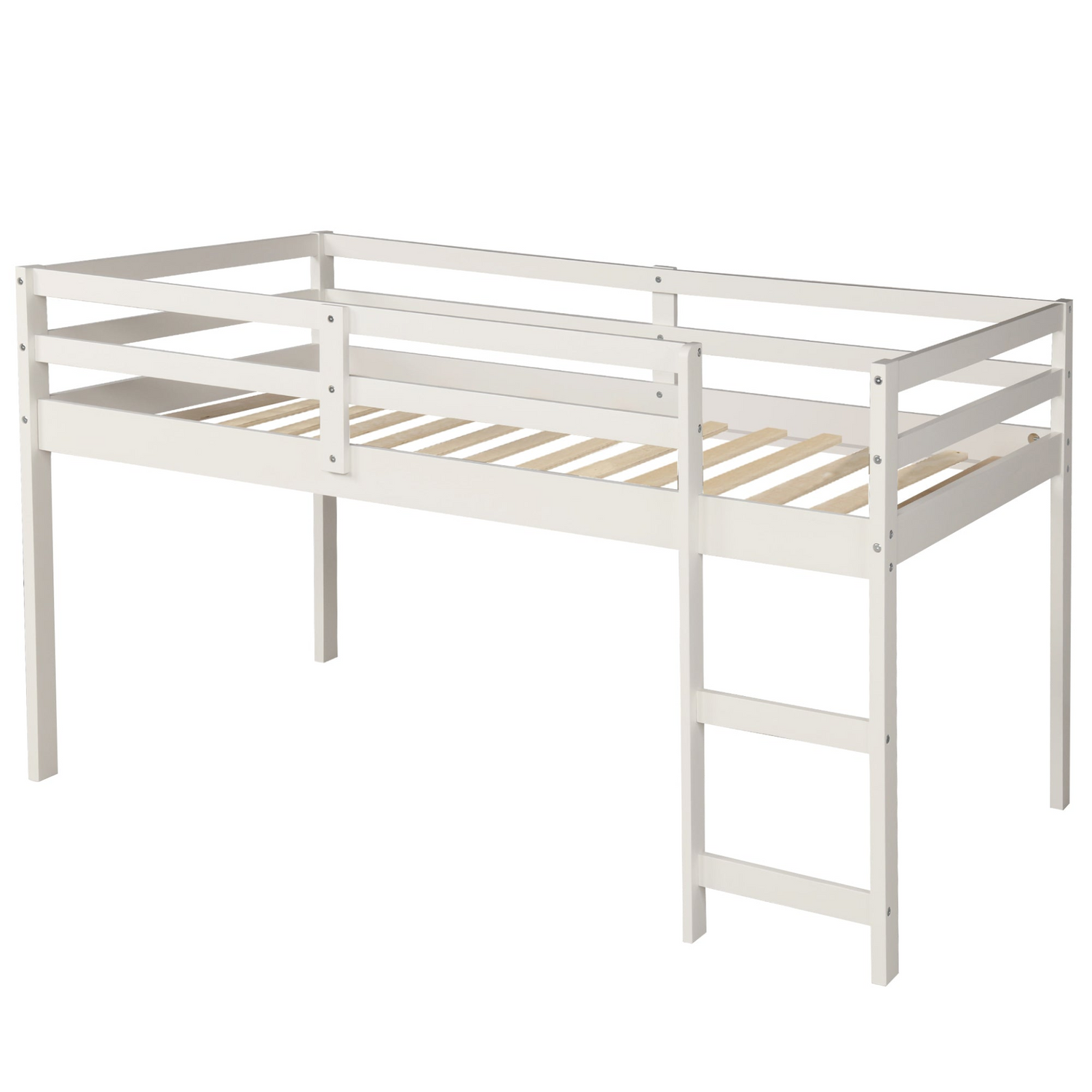 Twin size low loft bed by Start2Finish with solid wood construction, built-in cabinets, and a rolling desk for bedroom or study.