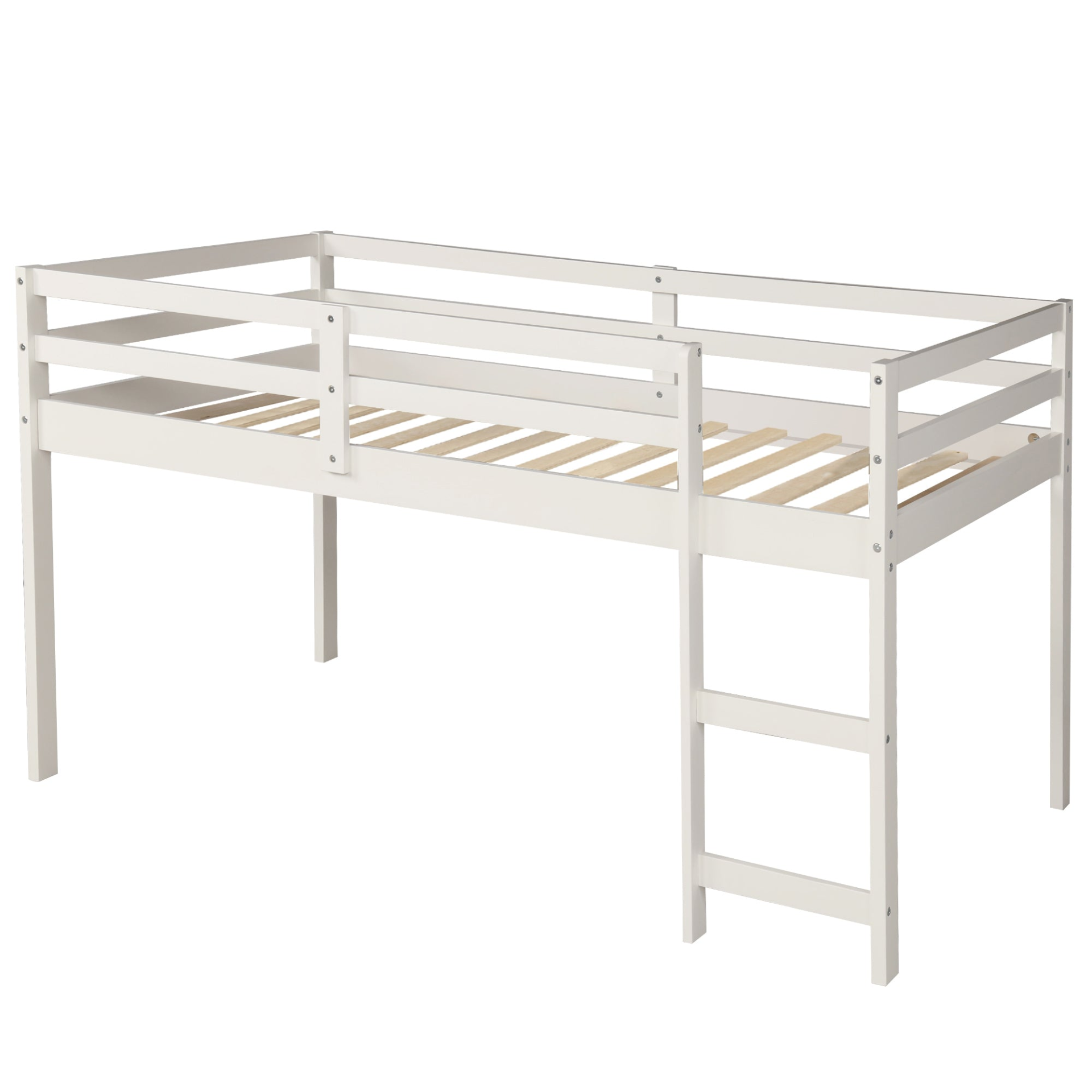 Twin size low loft bed by Start2Finish with solid wood construction, built-in cabinets, and a rolling desk for bedroom or study.