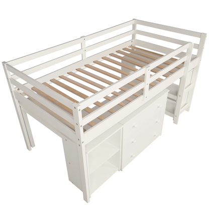 Twin size solid wood Low Loft Bed by Start2Finish with built-in cabinets and rolling desk for bedroom or study space.