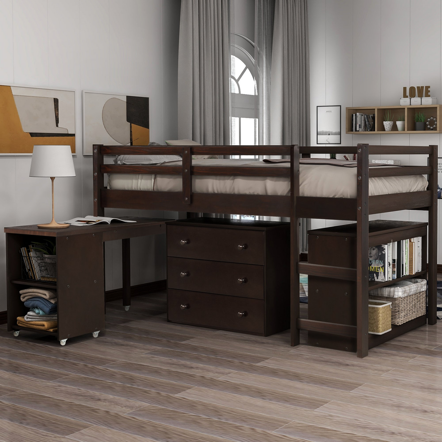 Twin size solid wood Low Loft Bed with built-in cabinets and rolling desk, ideal for bedroom or study space by Start2Finish.