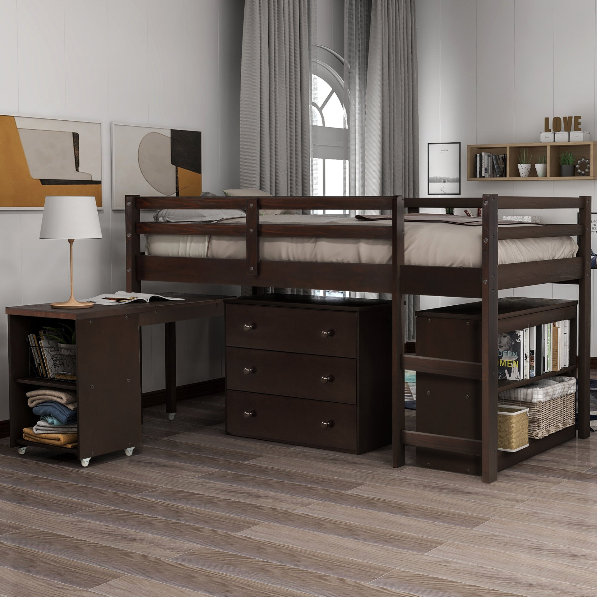 Twin size solid wood Low Loft Bed with built-in cabinets and rolling desk, ideal for bedroom or study space by Start2Finish.