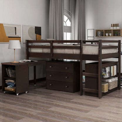 Twin size solid wood Low Loft Bed with built-in cabinets and rolling desk, ideal for bedroom or study space by Start2Finish.