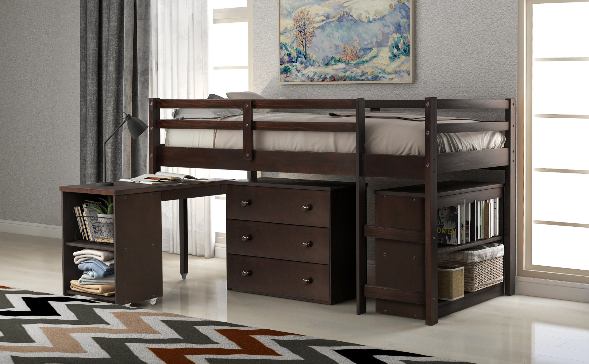Twin size low loft bed by Start2Finish with solid wood frame, built-in cabinets, and rolling desk for bedroom or study space.