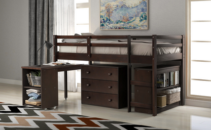 Twin size low loft bed by Start2Finish with solid wood frame, built-in cabinets, and rolling desk for bedroom or study space.