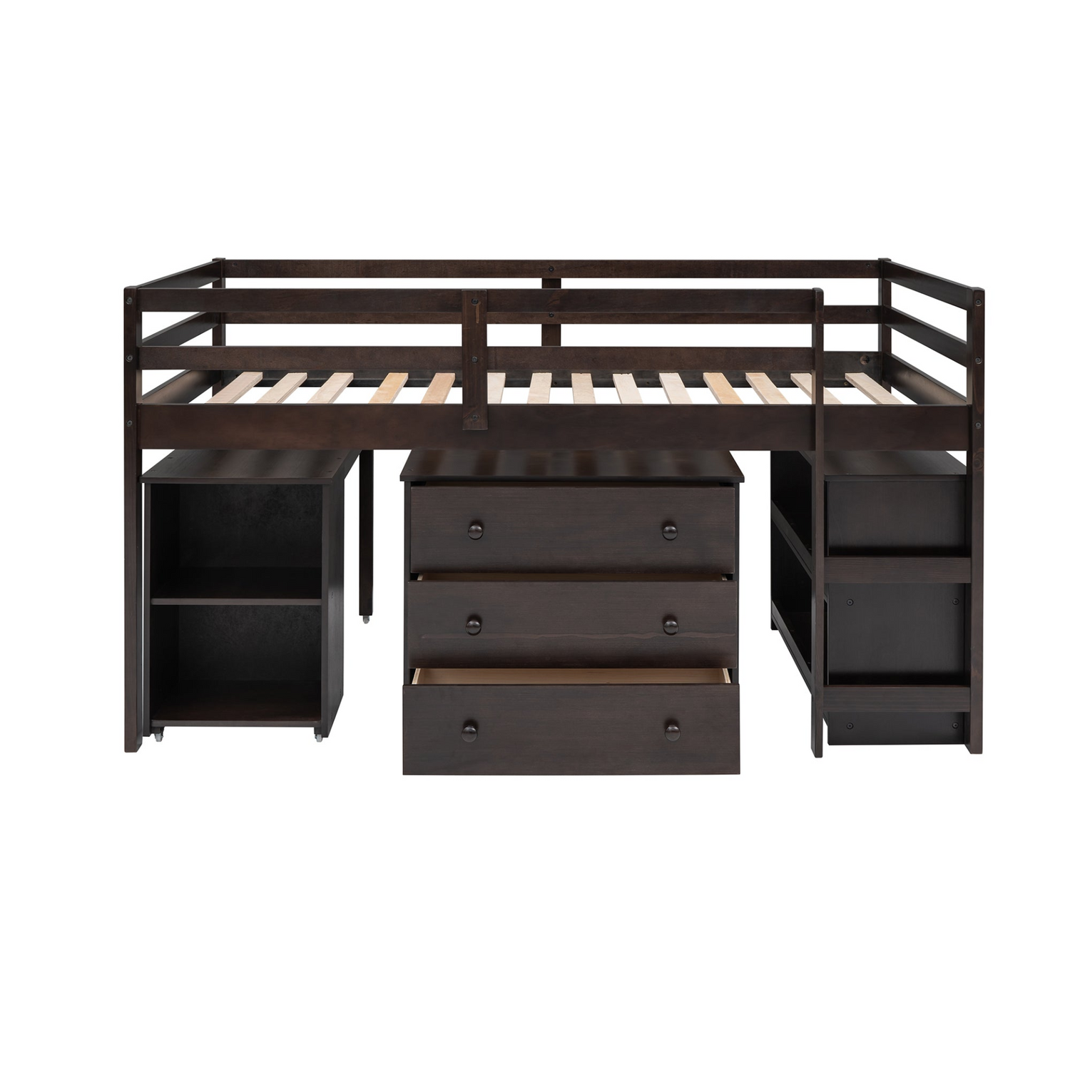 Twin size low loft bed by Start2Finish with solid wood frame, built-in cabinets, and rolling desk for bedroom or study space.