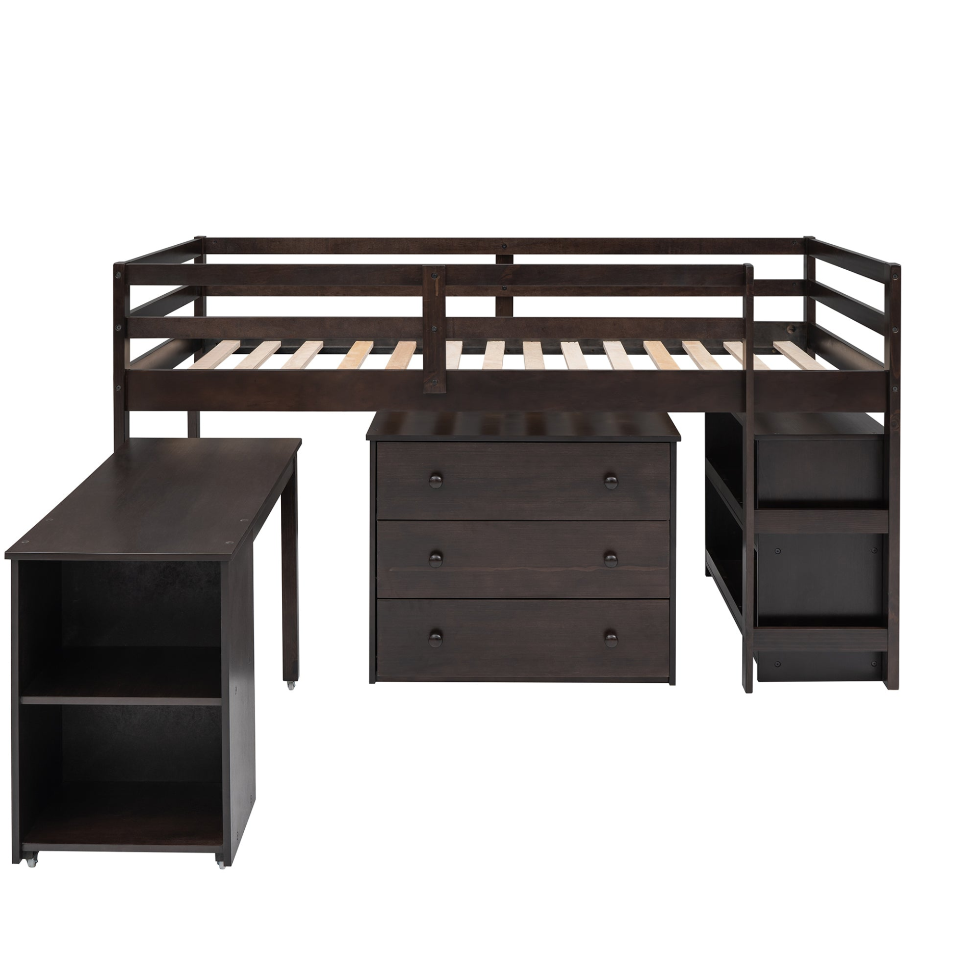 Twin size low loft bed by Start2Finish with solid wood frame, built-in cabinets, and rolling desk for bedroom or study space.