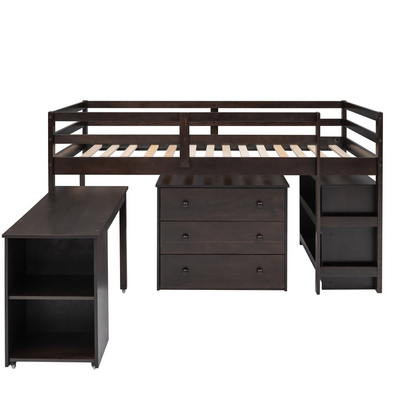Twin size low loft bed by Start2Finish with solid wood frame, built-in cabinets, and rolling desk for bedroom or study space.