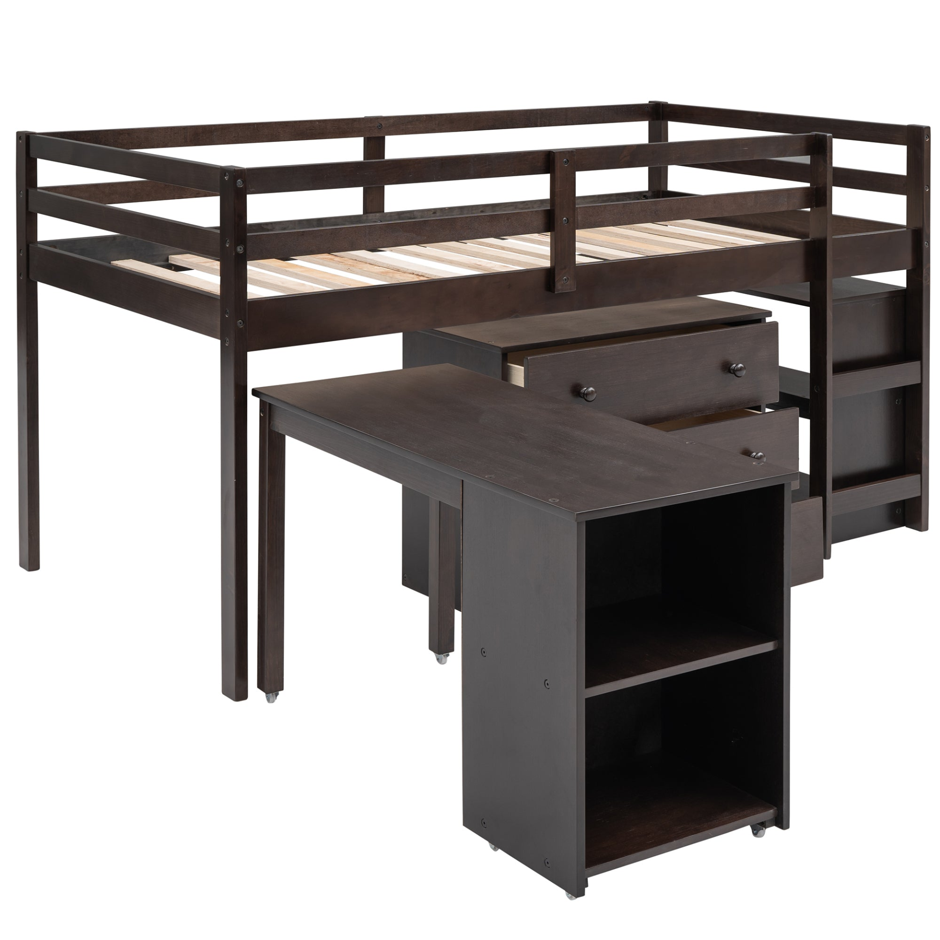 Twin size low loft bed by Start2Finish with solid wood frame, built-in cabinets, and rolling desk for bedroom or study space.