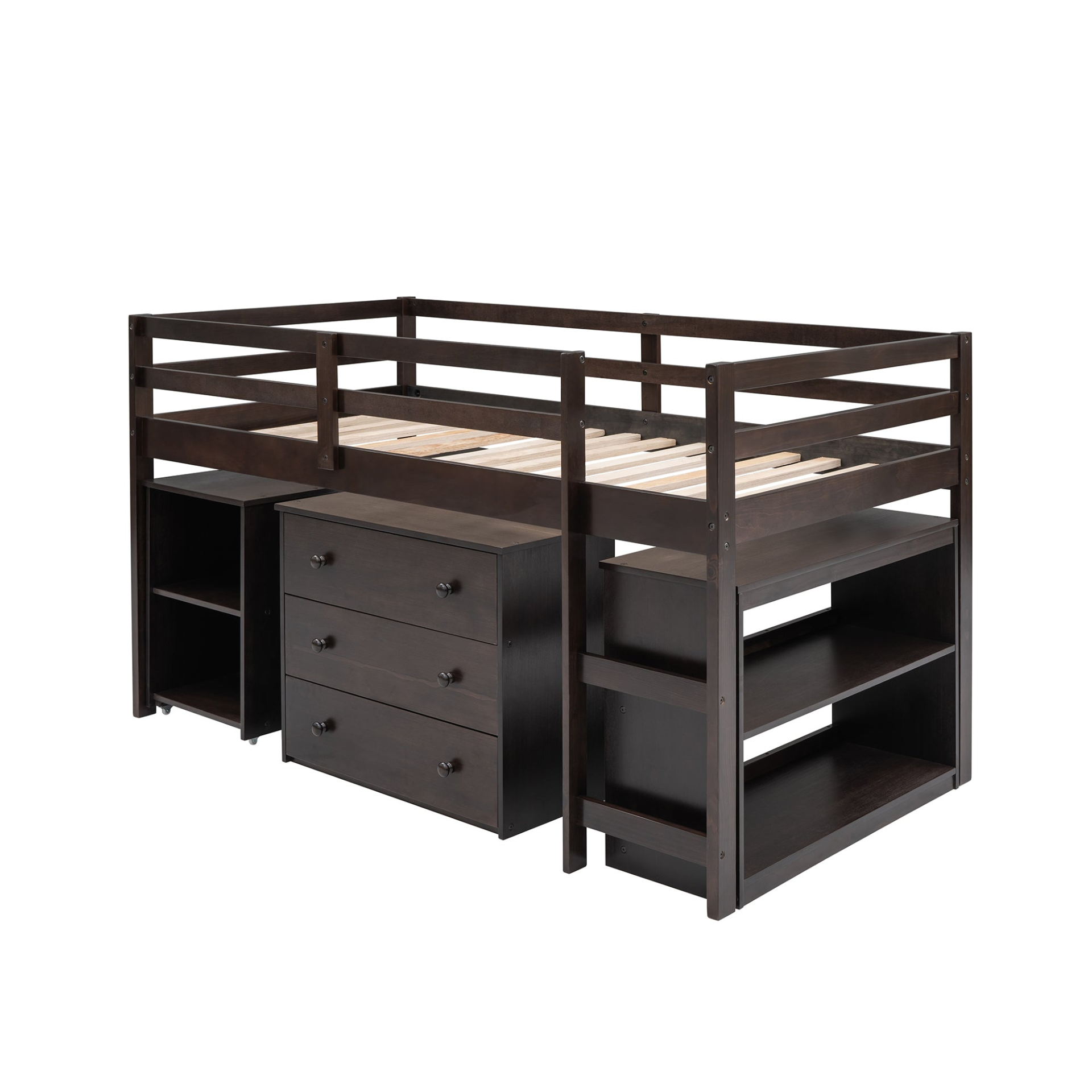 Twin size low loft bed by Start2Finish with solid wood frame, storage cabinets, and rolling desk for bedroom or study space.
