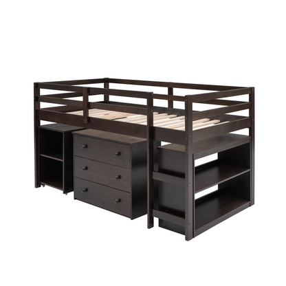 Twin size low loft bed by Start2Finish with solid wood frame, storage cabinets, and rolling desk for bedroom or study space.
