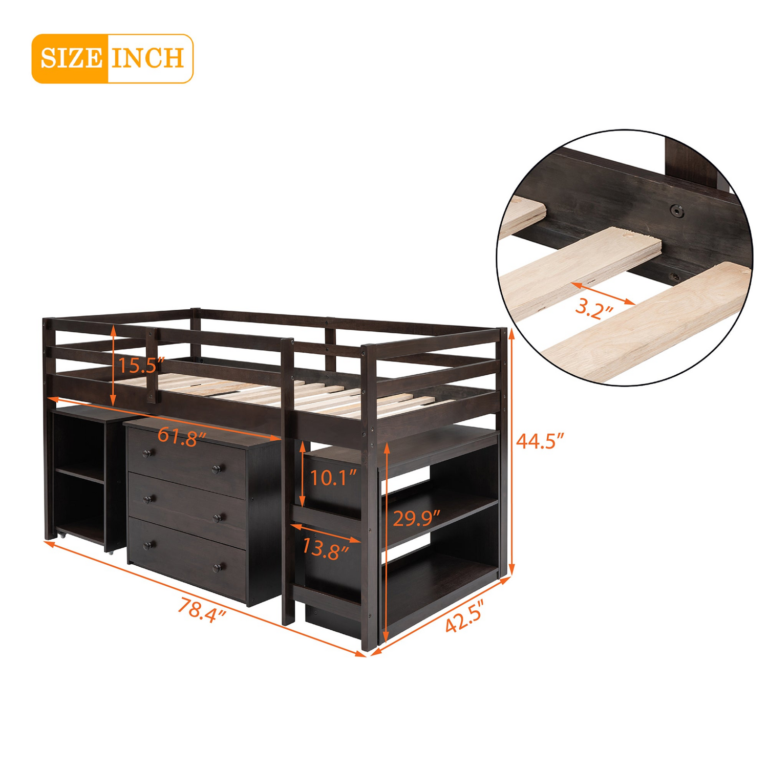 Twin size solid wood low loft bed with built-in cabinets and rolling desk, ideal for bedroom or study space by Start2Finish
