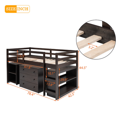 Twin size solid wood low loft bed with built-in cabinets and rolling desk, ideal for bedroom or study space by Start2Finish
