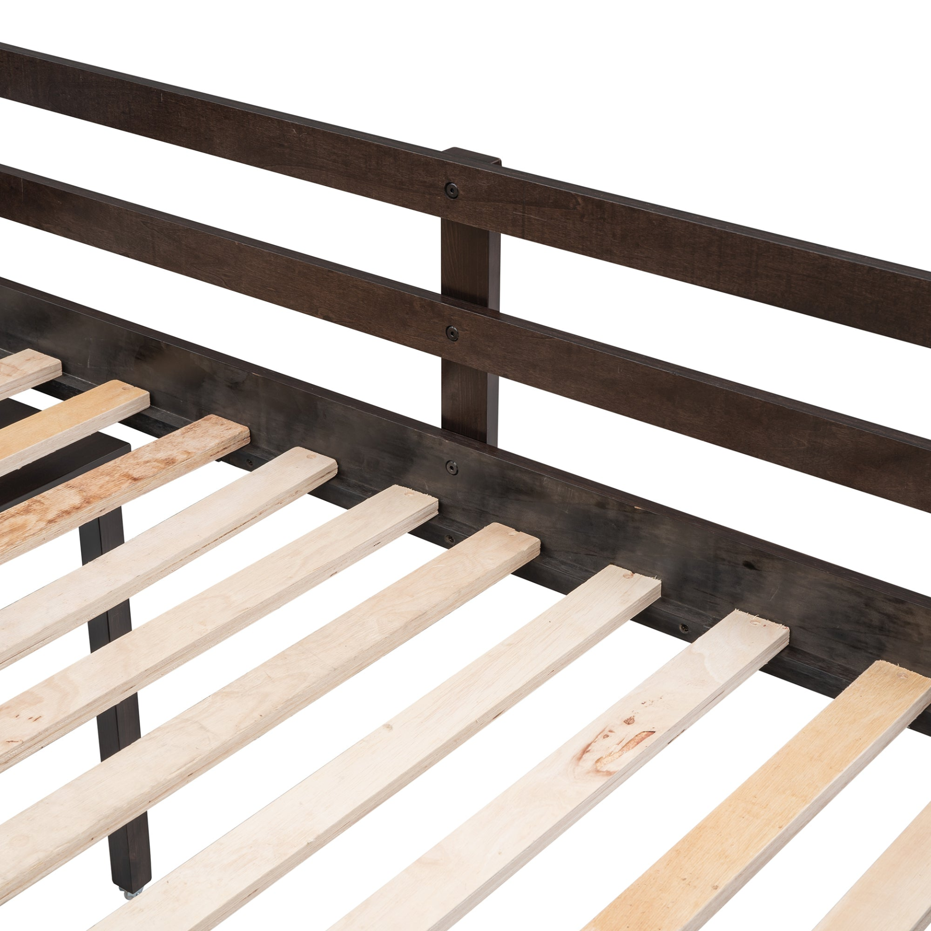 Twin size solid wood low loft bed by Start2Finish with built-in cabinets and rolling desk in a bedroom or study space.