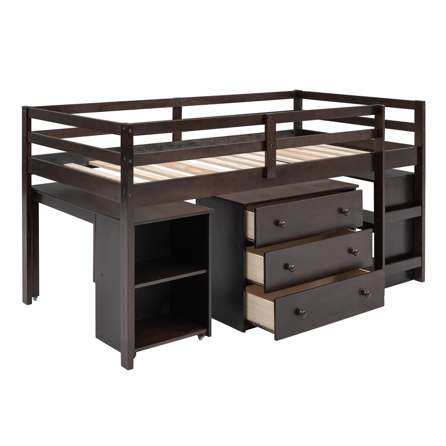 Twin size low loft bed by Start2Finish with solid wood construction, built-in cabinets, and a rolling desk for bedroom or study space