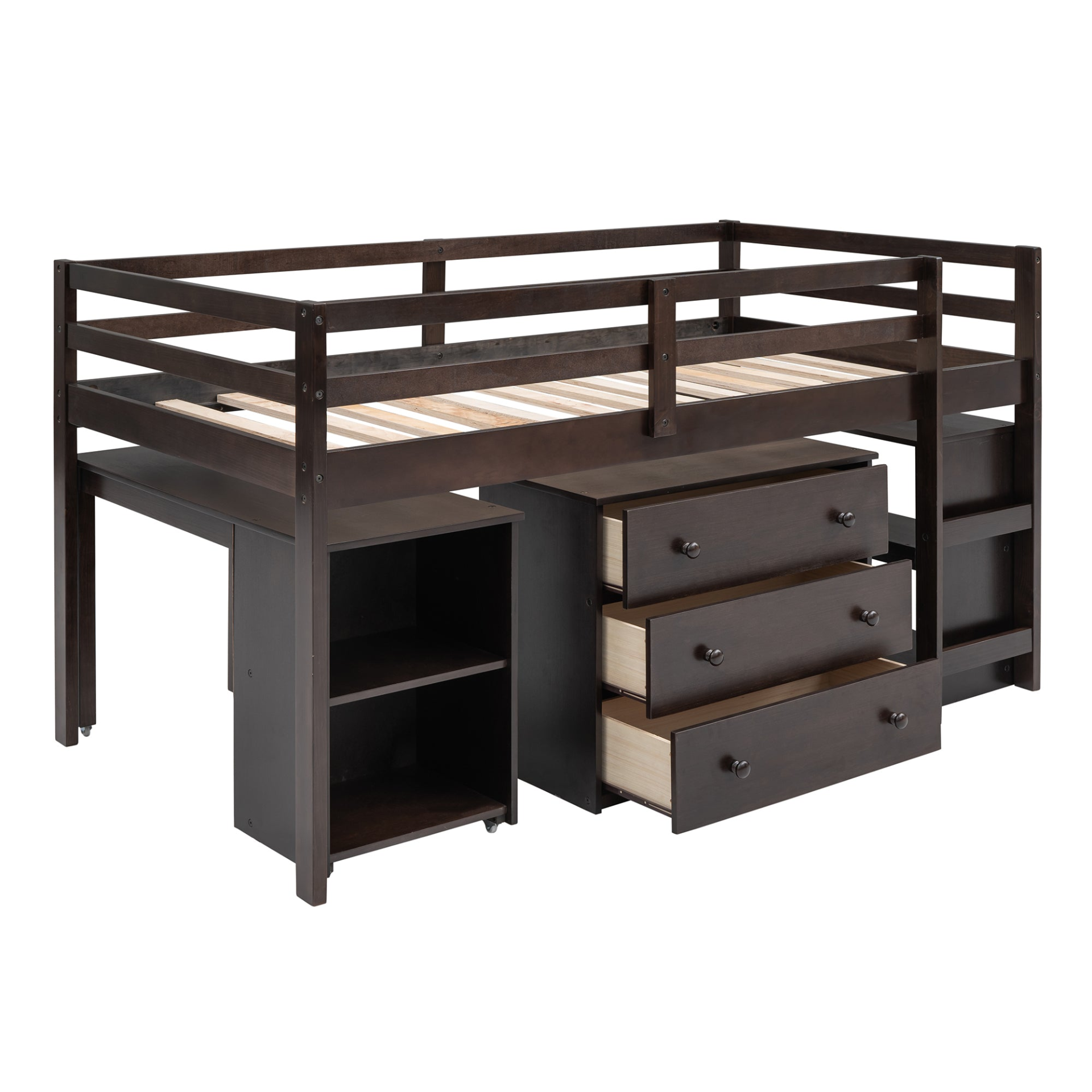 Twin size low loft bed by Start2Finish with solid wood construction, built-in cabinets, and a rolling desk for bedroom or study space