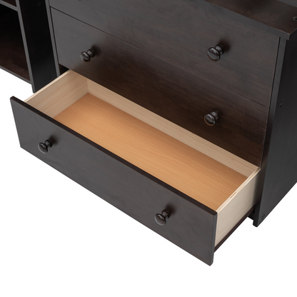 Twin size low loft bed by Start2Finish with solid wood frame, built-in cabinets, and rolling desk for bedroom or study space.