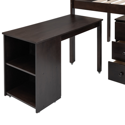 Twin size low loft bed by Start2Finish with solid wood construction, built-in cabinets, and rolling desk for bedroom or study space