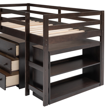 Twin size low loft bed from Start2Finish with solid wood frame, built-in cabinets, and rolling desk for bedroom or study space.
