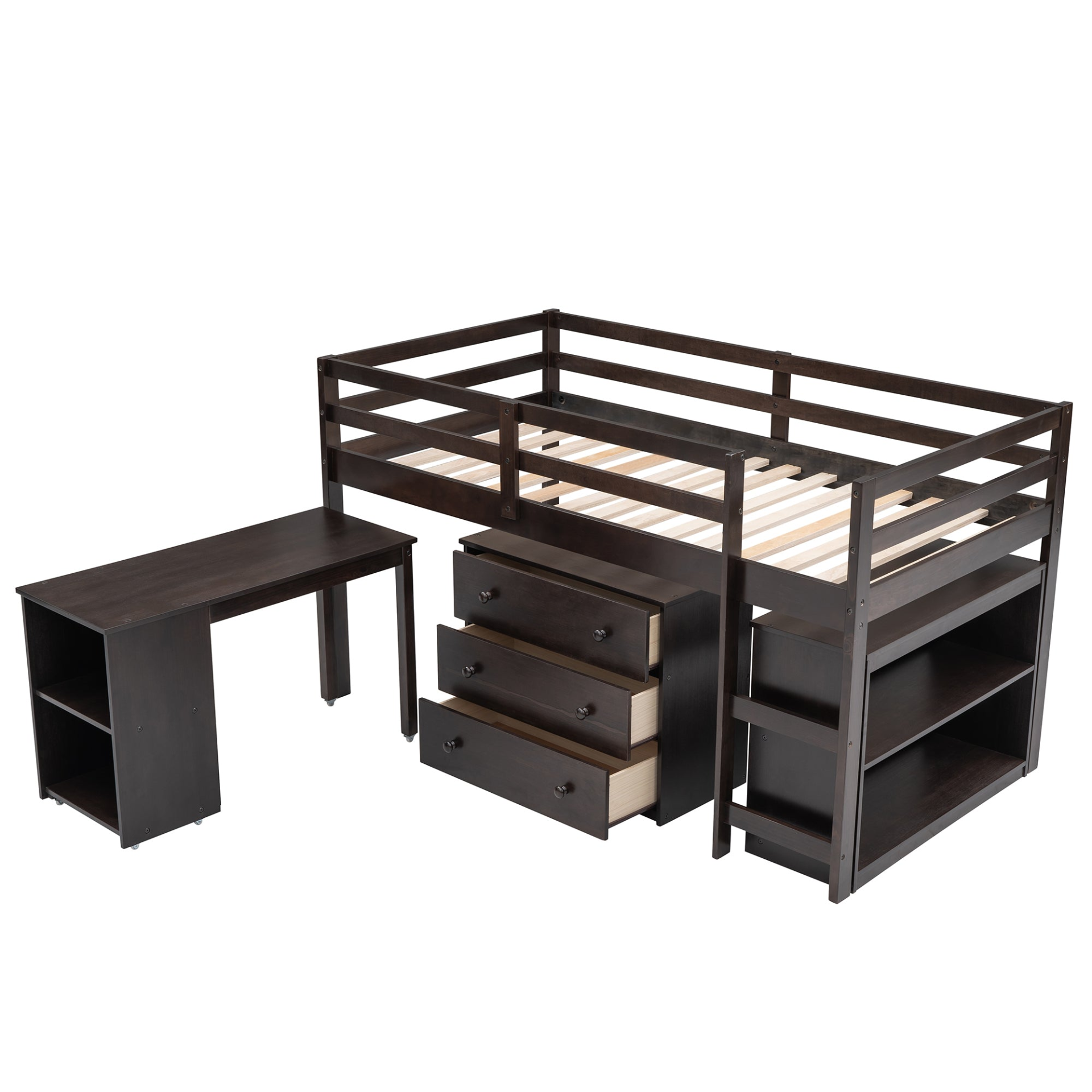 Twin size low loft bed by Start2Finish with solid wood construction, built-in cabinets, and rolling desk for bedroom or study.