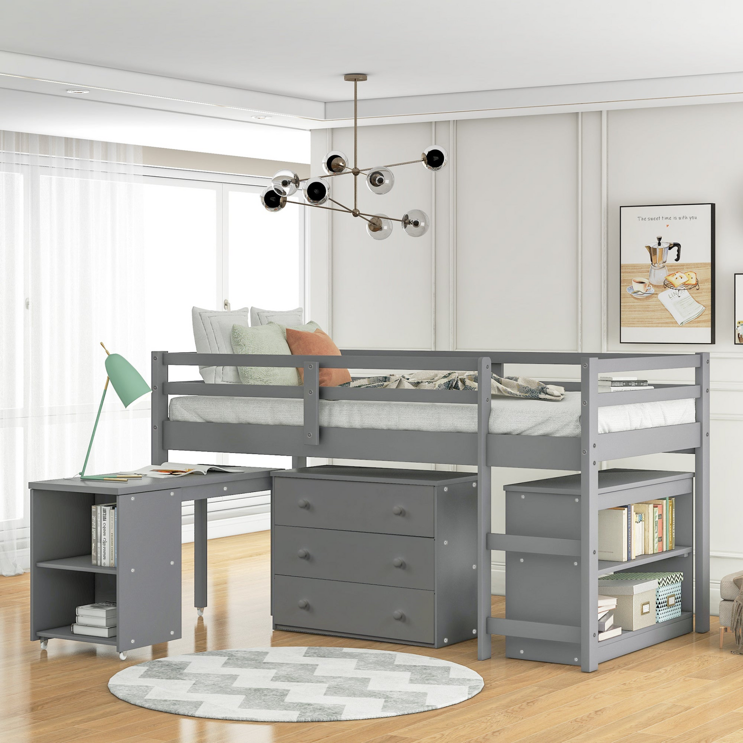 Twin size solid wood low loft bed with cabinets and rolling desk, ideal for bedroom or study space by Start2Finish.
