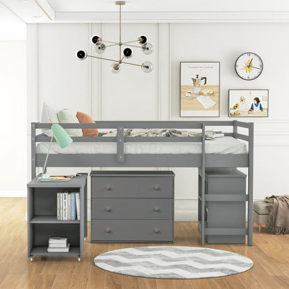 Twin size solid wood low loft bed with built-in cabinets and rolling desk, ideal for bedroom or study space by Start2Finish.