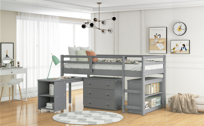 Twin size solid wood low loft bed with built-in cabinets and rolling desk, ideal for bedroom or study space by Start2Finish