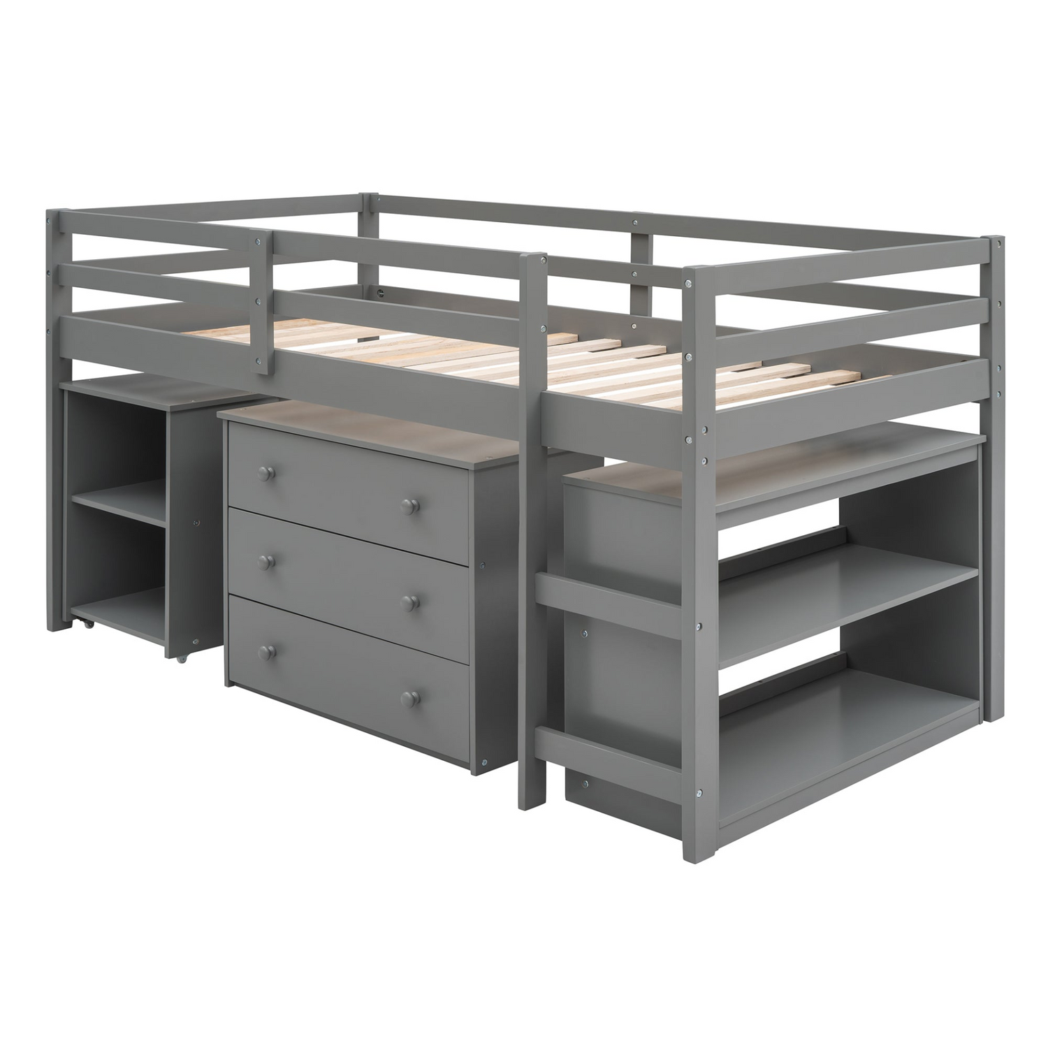 Twin size low loft bed by Start2Finish with solid wood frame, built-in cabinets, and rolling desk for bedroom or study space.