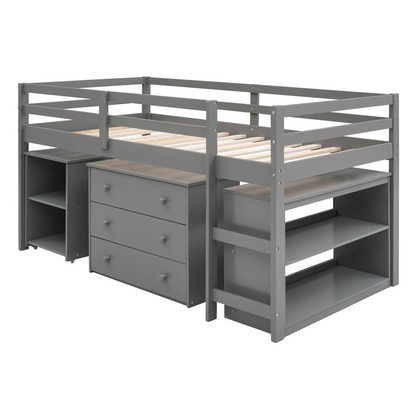 Twin size low loft bed by Start2Finish with solid wood frame, built-in cabinets, and rolling desk for bedroom or study space.