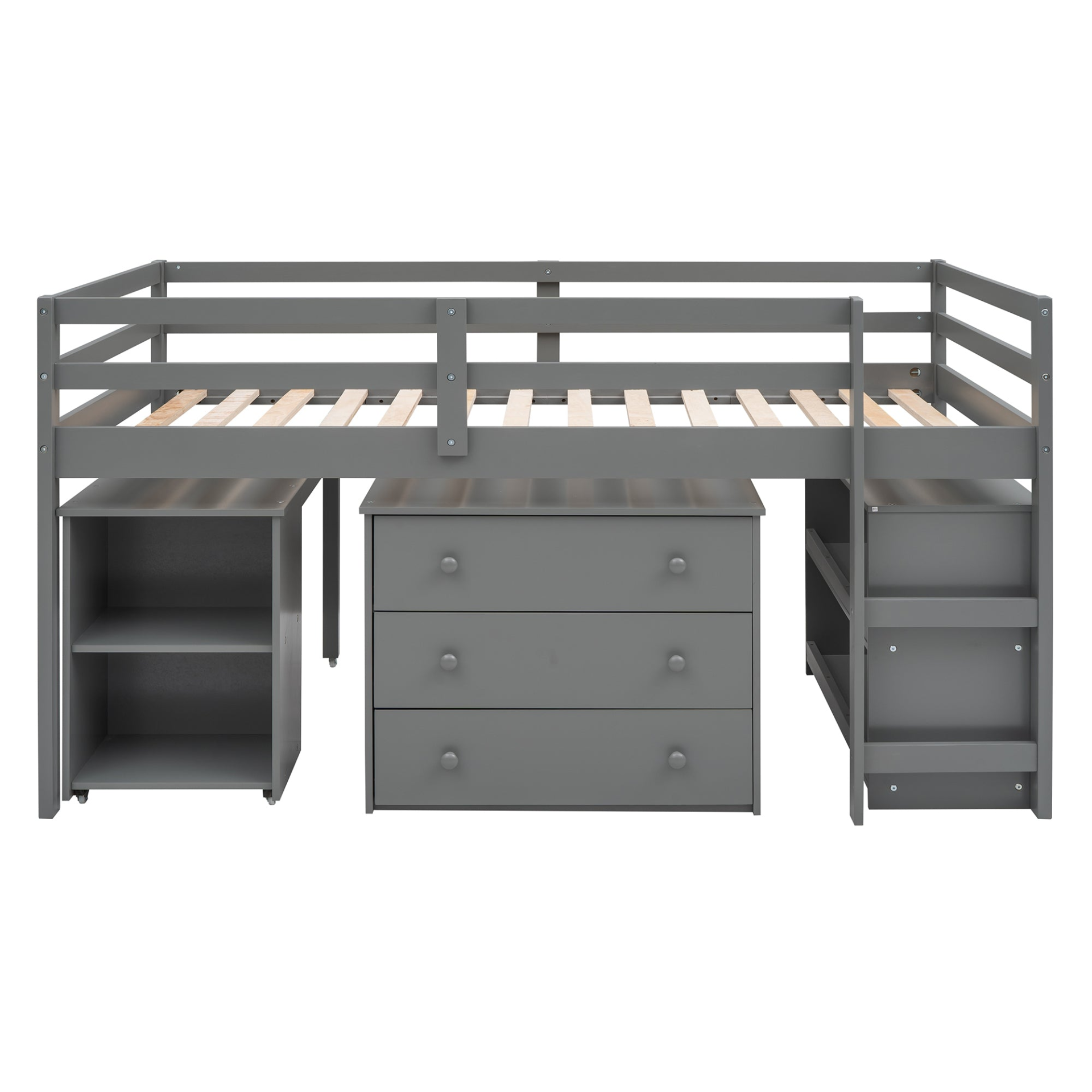 Twin size low loft bed by Start2Finish with solid wood construction, cabinets, and rolling desk in a bedroom or study space.