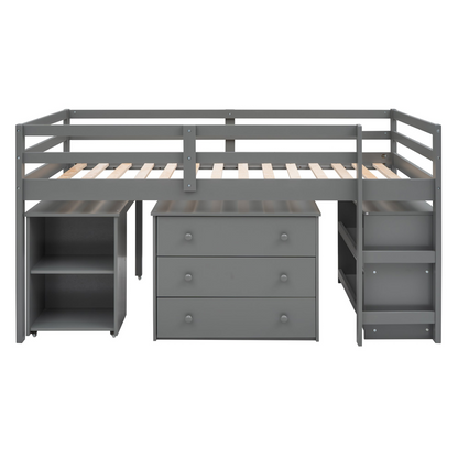 Twin size low loft bed by Start2Finish with solid wood construction, cabinets, and rolling desk in a bedroom or study space.