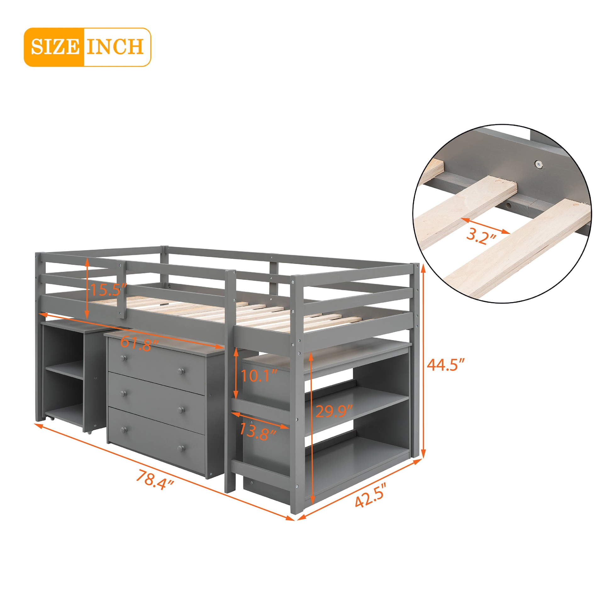 Twin size solid wood low loft bed with built-in cabinets and rolling desk, ideal for bedroom or study space by Start2Finish.