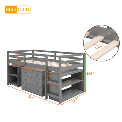 Twin size solid wood low loft bed with built-in cabinets and rolling desk, ideal for bedroom or study space by Start2Finish.
