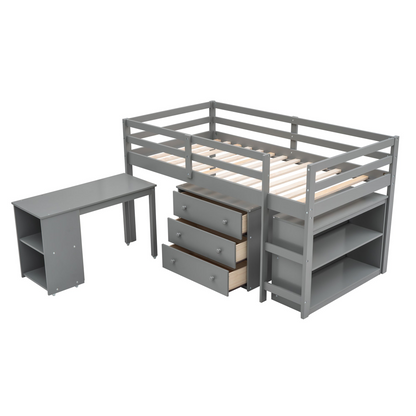 Twin size low loft bed by Start2Finish with solid wood construction, built-in cabinets, and rolling desk for bedroom or study space.