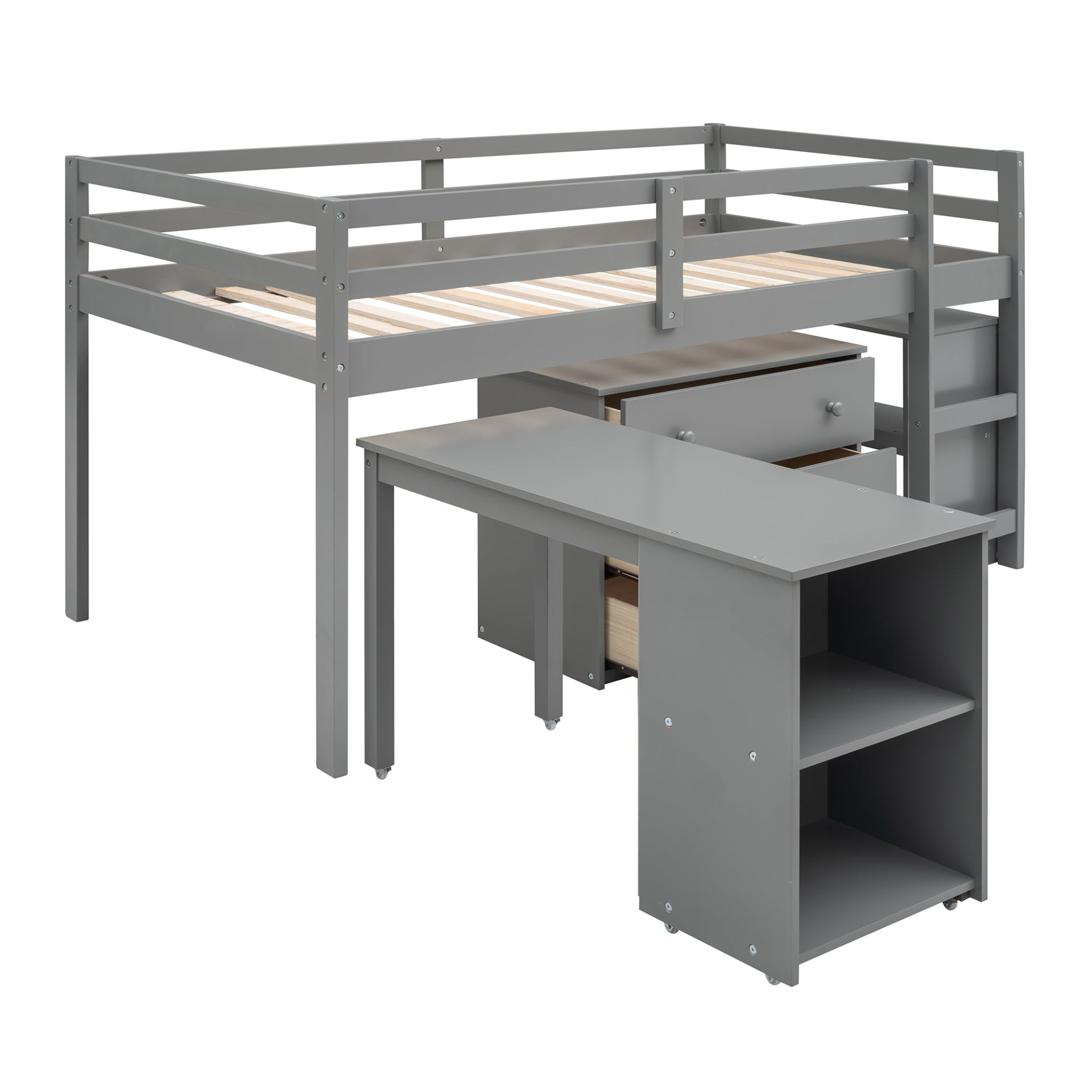 Twin size low loft bed by Start2Finish with solid wood frame, built-in cabinets, and a rolling desk for bedroom or study space.