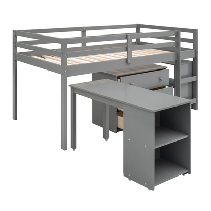 Twin size low loft bed by Start2Finish with solid wood frame, built-in cabinets, and a rolling desk for bedroom or study space.