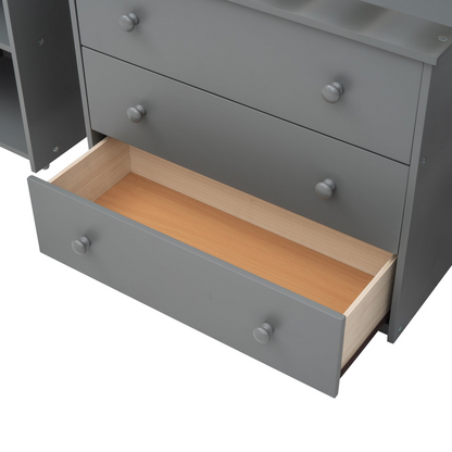 Twin size low loft bed by Start2Finish with solid wood frame, built-in cabinets, and rolling desk for bedroom or study space.