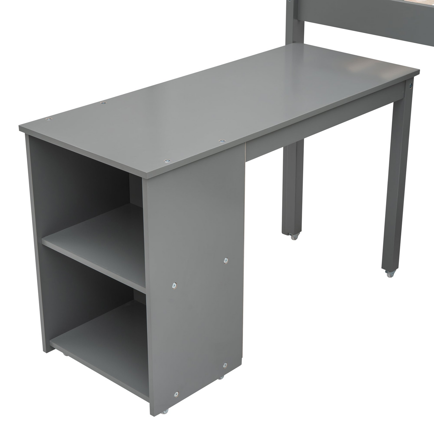 Twin size low loft bed by Start2Finish with solid wood frame, built-in cabinets, and rolling desk for bedroom or study space.